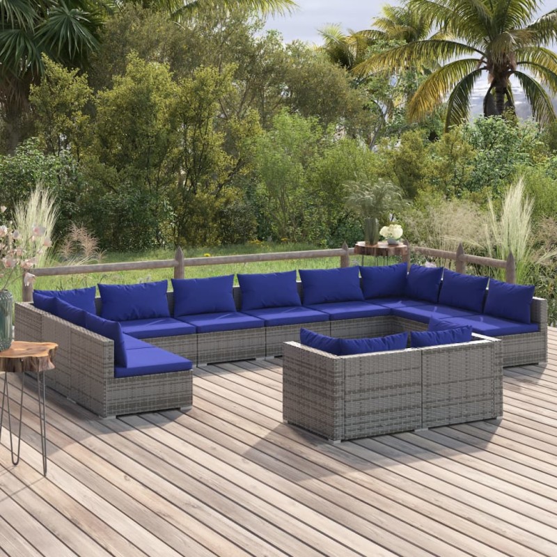 vidaXL 12-tlg. Garten-Lounge-Set mit Kissen Grau Poly Rattan vidaXL 12-tlg. Garten-Lounge-Set mit Kissen Grau Poly Rattan