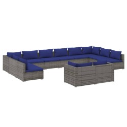 vidaXL 12-tlg. Garten-Lounge-Set mit Kissen Grau Poly Rattan