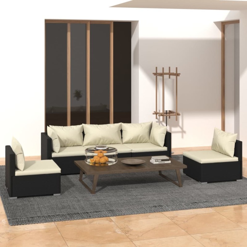 vidaXL 5-tlg. Garten-Lounge-Set mit Kissen Poly Rattan Schwarz vidaXL 5-tlg. Garten-Lounge-Set mit Kissen Poly Rattan Schwarz