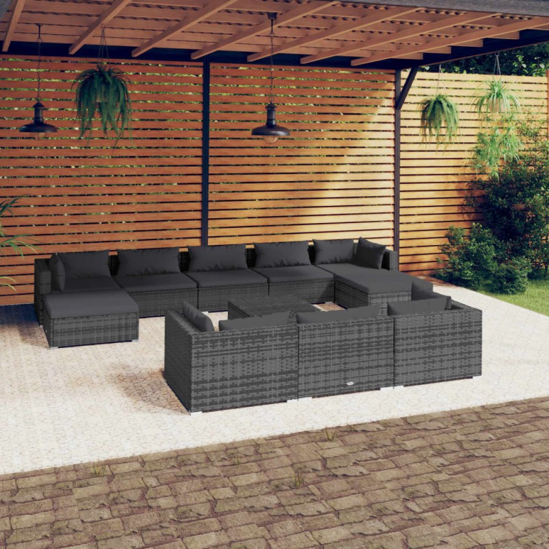 vidaXL 11-tlg. Garten-Lounge-Set mit Kissen Grau Poly Rattan vidaXL 11-tlg. Garten-Lounge-Set mit Kissen Grau Poly Rattan
