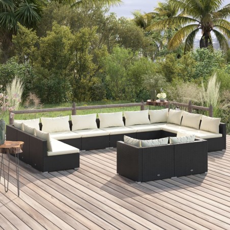 vidaXL 12-tlg. Garten-Lounge-Set mit Kissen Schwarz Poly Rattan