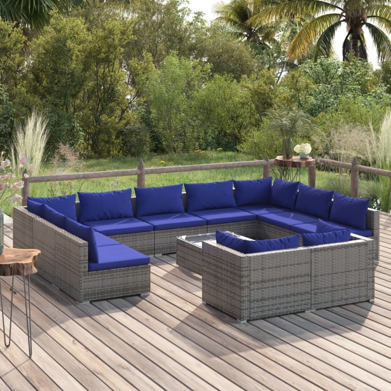 vidaXL 12-tlg. Garten-Lounge-Set mit Kissen Grau Poly Rattan vidaXL 12-tlg. Garten-Lounge-Set mit Kissen Grau Poly Rattan