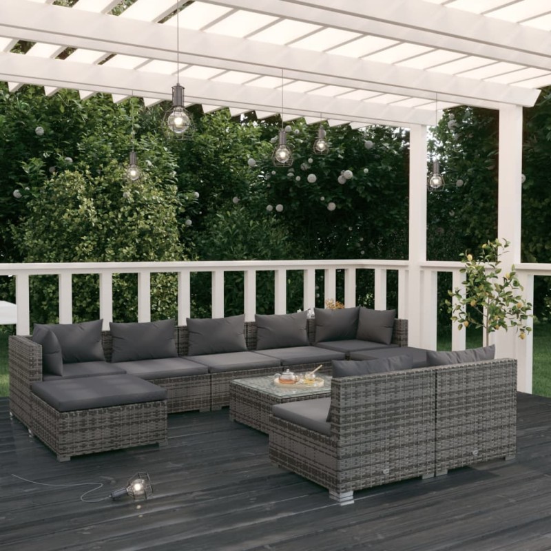vidaXL 10-tlg. Garten-Lounge-Set mit Kissen Grau Poly Rattan vidaXL 10-tlg. Garten-Lounge-Set mit Kissen Grau Poly Rattan