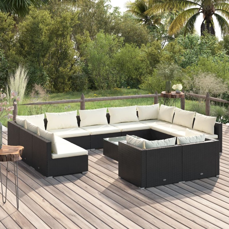 vidaXL 12-tlg. Garten-Lounge-Set mit Kissen Schwarz Poly Rattan vidaXL 12-tlg. Garten-Lounge-Set mit Kissen Schwarz Poly Rattan