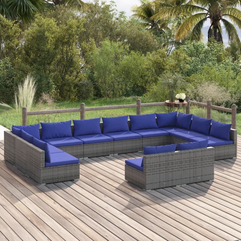 vidaXL 12-tlg. Garten-Lounge-Set mit Kissen Grau Poly Rattan vidaXL 12-tlg. Garten-Lounge-Set mit Kissen Grau Poly Rattan