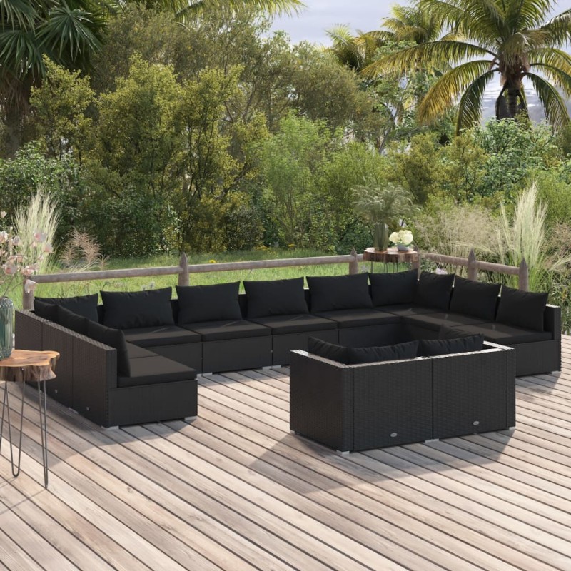 vidaXL 12-tlg. Garten-Lounge-Set mit Kissen Schwarz Poly Rattan vidaXL 12-tlg. Garten-Lounge-Set mit Kissen Schwarz Poly Rattan