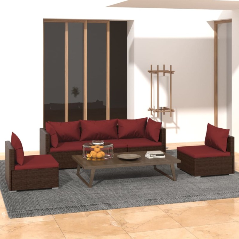 vidaXL 5-tlg. Garten-Lounge-Set mit Kissen Poly Rattan Braun vidaXL 5-tlg. Garten-Lounge-Set mit Kissen Poly Rattan Braun