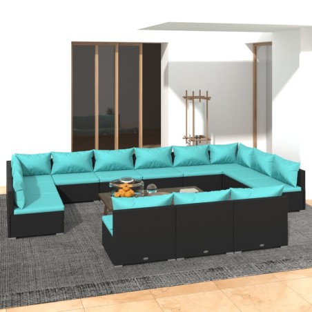 vidaXL 13-tlg. Garten-Lounge-Set mit Kissen Schwarz Poly Rattan