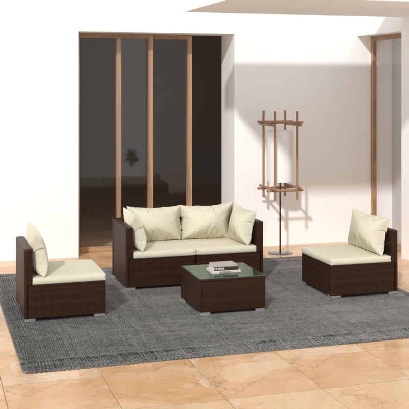 vidaXL 5-tlg. Garten-Lounge-Set mit Kissen Poly Rattan Braun vidaXL 5-tlg. Garten-Lounge-Set mit Kissen Poly Rattan Braun