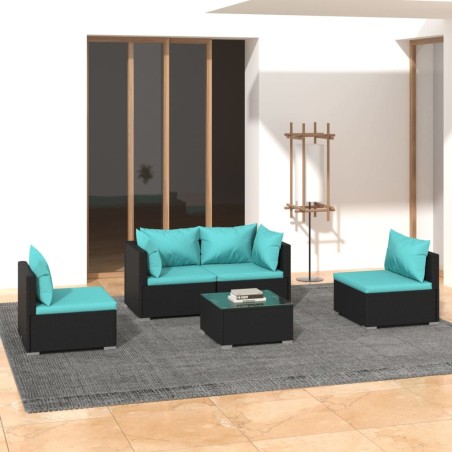 vidaXL 5-tlg. Garten-Lounge-Set mit Kissen Poly Rattan Schwarz