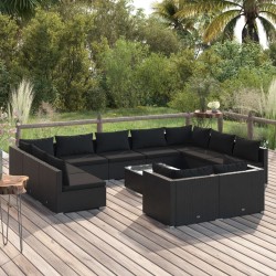 vidaXL 12-tlg. Garten-Lounge-Set mit Kissen Schwarz Poly Rattan