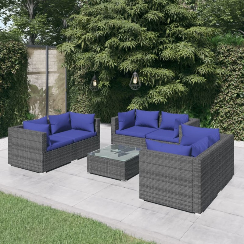 vidaXL 7-tlg. Garten-Lounge-Set mit Kissen Poly Rattan Grau vidaXL 7-tlg. Garten-Lounge-Set mit Kissen Poly Rattan Grau