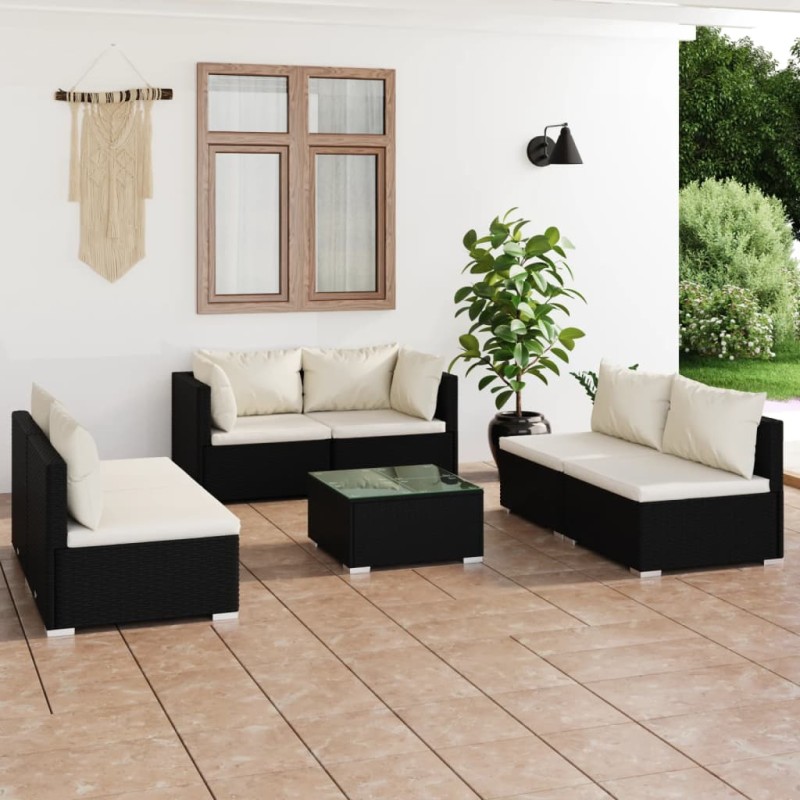 vidaXL 7-tlg. Garten-Lounge-Set mit Kissen Poly Rattan Schwarz vidaXL 7-tlg. Garten-Lounge-Set mit Kissen Poly Rattan Schwarz