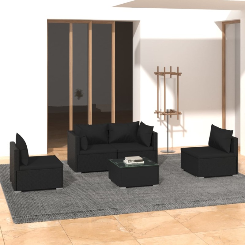 vidaXL 5-tlg. Garten-Lounge-Set mit Kissen Poly Rattan Schwarz vidaXL 5-tlg. Garten-Lounge-Set mit Kissen Poly Rattan Schwarz