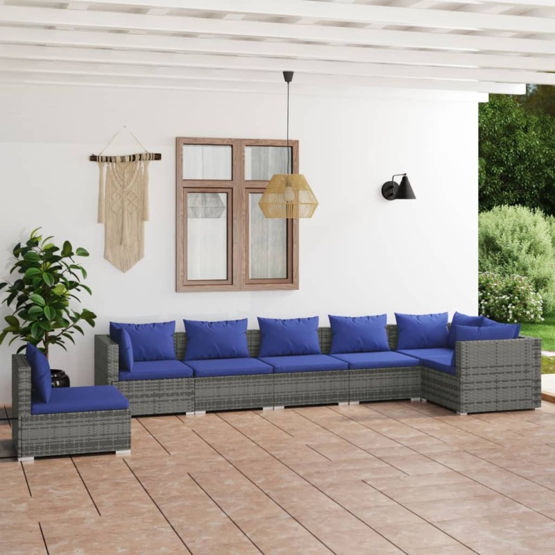 vidaXL 7-tlg. Garten-Lounge-Set mit Kissen Poly Rattan Grau vidaXL 7-tlg. Garten-Lounge-Set mit Kissen Poly Rattan Grau