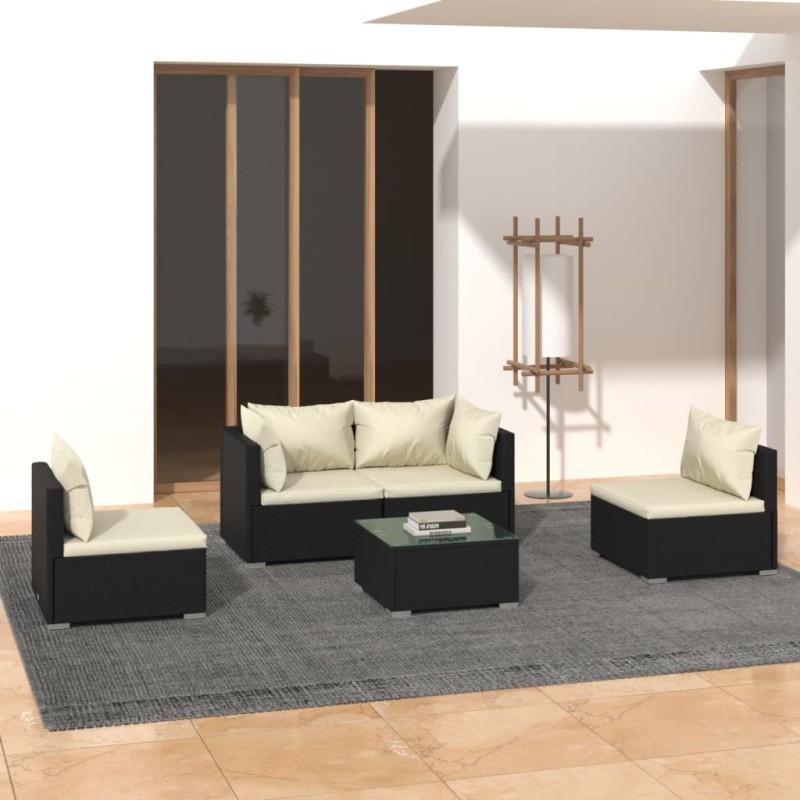 vidaXL 5-tlg. Garten-Lounge-Set mit Kissen Poly Rattan Schwarz vidaXL 5-tlg. Garten-Lounge-Set mit Kissen Poly Rattan Schwarz