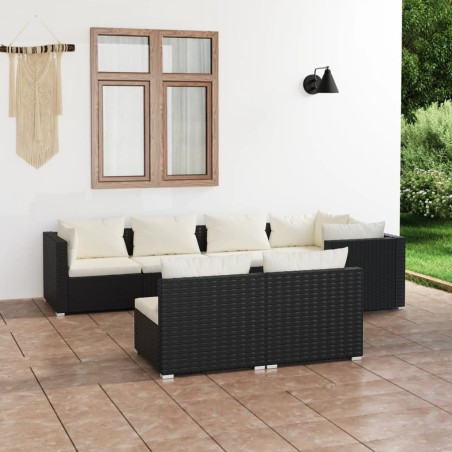 vidaXL 7-tlg. Garten-Lounge-Set mit Kissen Schwarz Poly Rattan