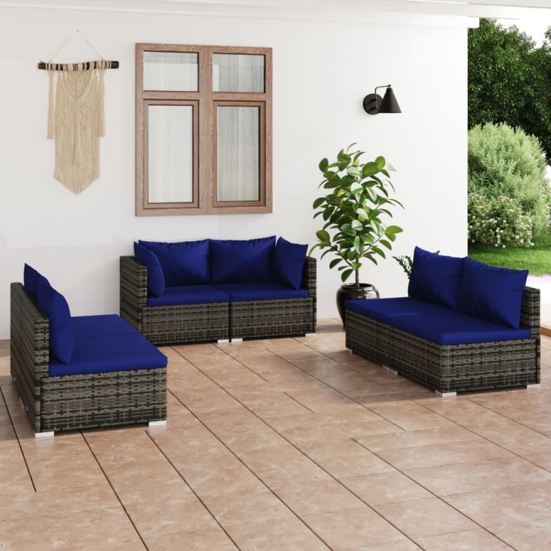 vidaXL 6-tlg. Garten-Lounge-Set mit Kissen Poly Rattan Grau vidaXL 6-tlg. Garten-Lounge-Set mit Kissen Poly Rattan Grau
