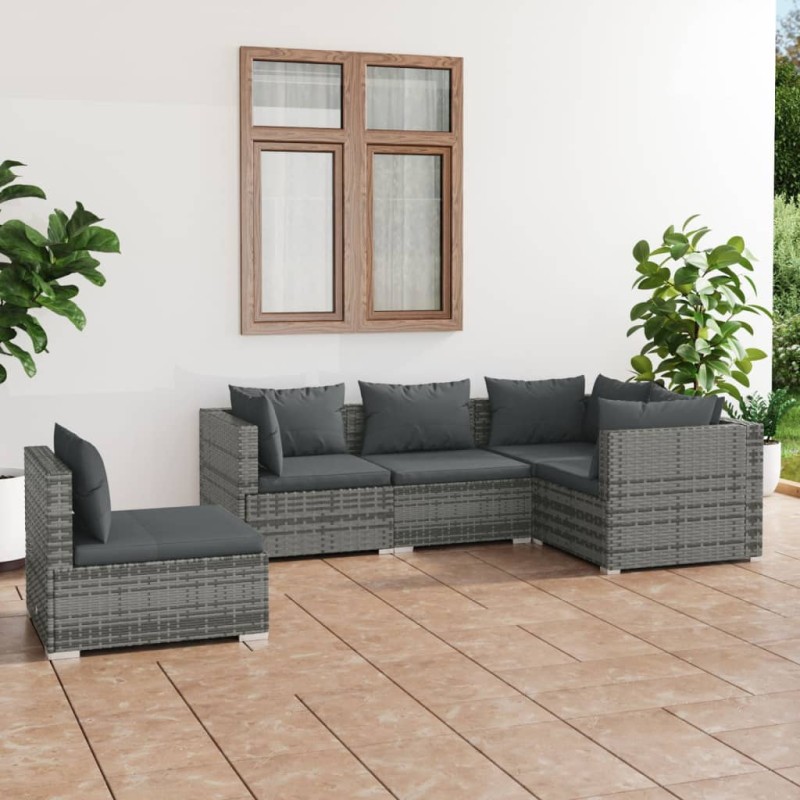 vidaXL 5-tlg. Garten-Lounge-Set mit Kissen Poly Rattan Grau vidaXL 5-tlg. Garten-Lounge-Set mit Kissen Poly Rattan Grau