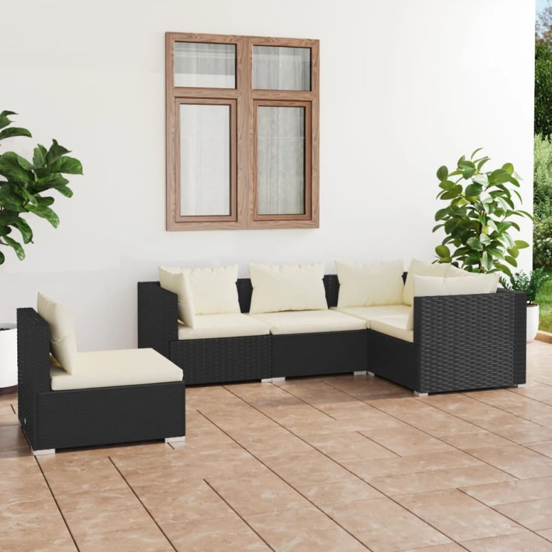 vidaXL 5-tlg. Garten-Lounge-Set mit Kissen Poly Rattan Schwarz vidaXL 5-tlg. Garten-Lounge-Set mit Kissen Poly Rattan Schwarz