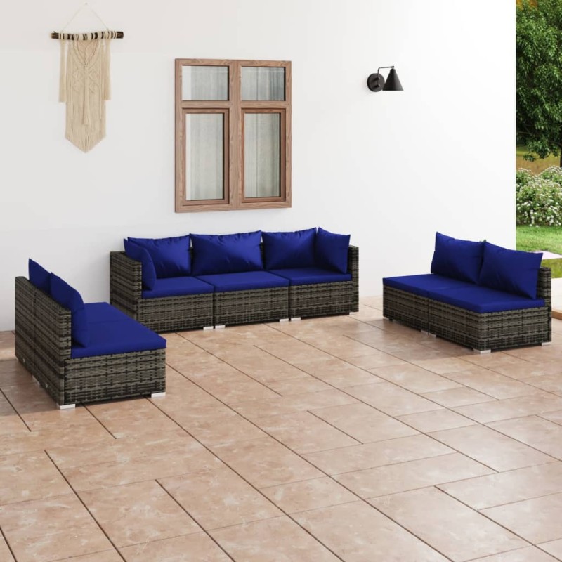 vidaXL 7-tlg. Garten-Lounge-Set mit Kissen Poly Rattan Grau vidaXL 7-tlg. Garten-Lounge-Set mit Kissen Poly Rattan Grau