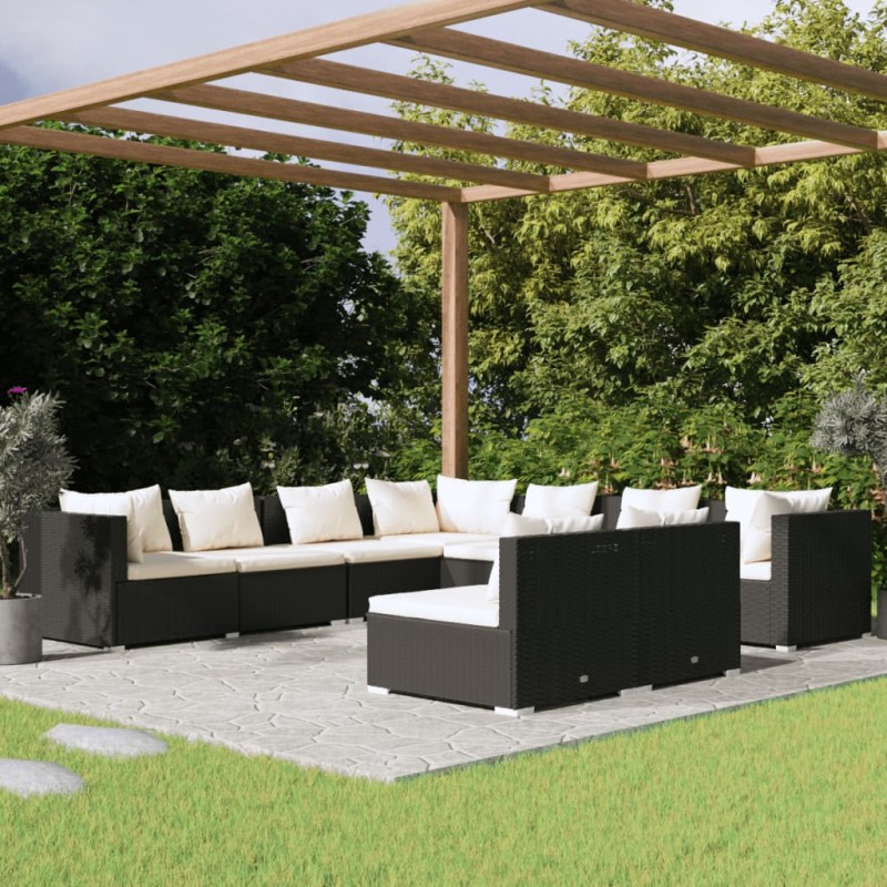vidaXL 9-tlg. Garten-Lounge-Set mit Kissen Schwarz Poly Rattan vidaXL 9-tlg. Garten-Lounge-Set mit Kissen Schwarz Poly Rattan
