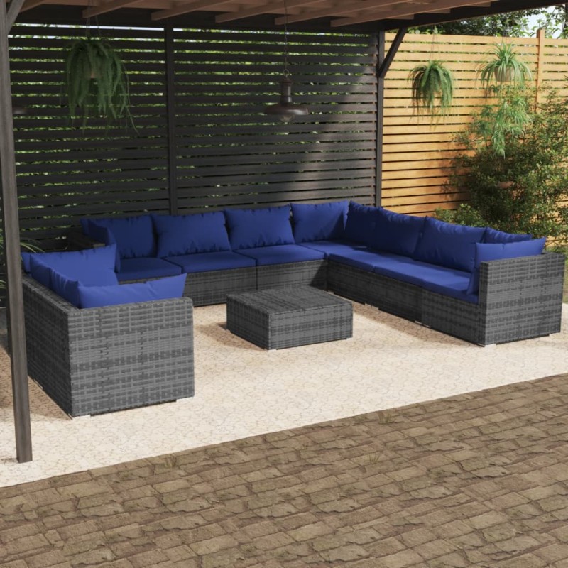vidaXL 10-tlg. Garten-Lounge-Set mit Kissen Grau Poly Rattan vidaXL 10-tlg. Garten-Lounge-Set mit Kissen Grau Poly Rattan