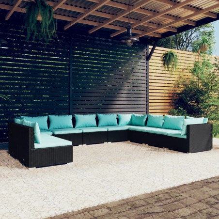vidaXL 10-tlg. Garten-Lounge-Set mit Kissen Schwarz Poly Rattan