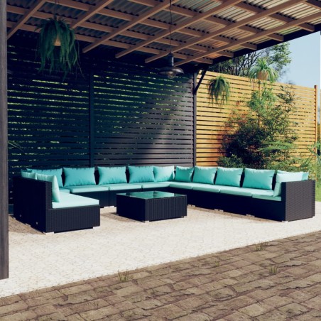 vidaXL 12-tlg. Garten-Lounge-Set mit Kissen Schwarz Poly Rattan