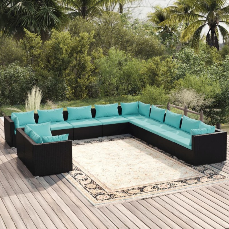 vidaXL 11-tlg. Garten-Lounge-Set mit Kissen Schwarz Poly Rattan vidaXL 11-tlg. Garten-Lounge-Set mit Kissen Schwarz Poly Rattan