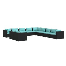vidaXL 11-tlg. Garten-Lounge-Set mit Kissen Schwarz Poly Rattan