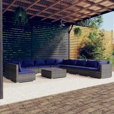 vidaXL 12-tlg. Garten-Lounge-Set mit Kissen Grau Poly Rattan