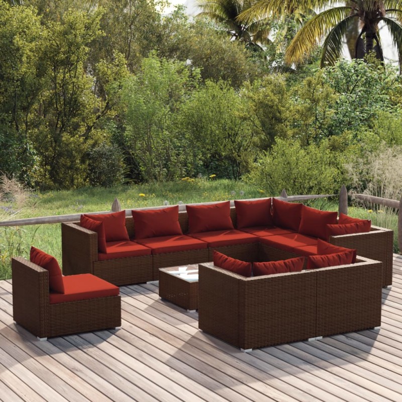 vidaXL 10-tlg. Garten-Lounge-Set mit Kissen Poly Rattan Braun vidaXL 10-tlg. Garten-Lounge-Set mit Kissen Poly Rattan Braun