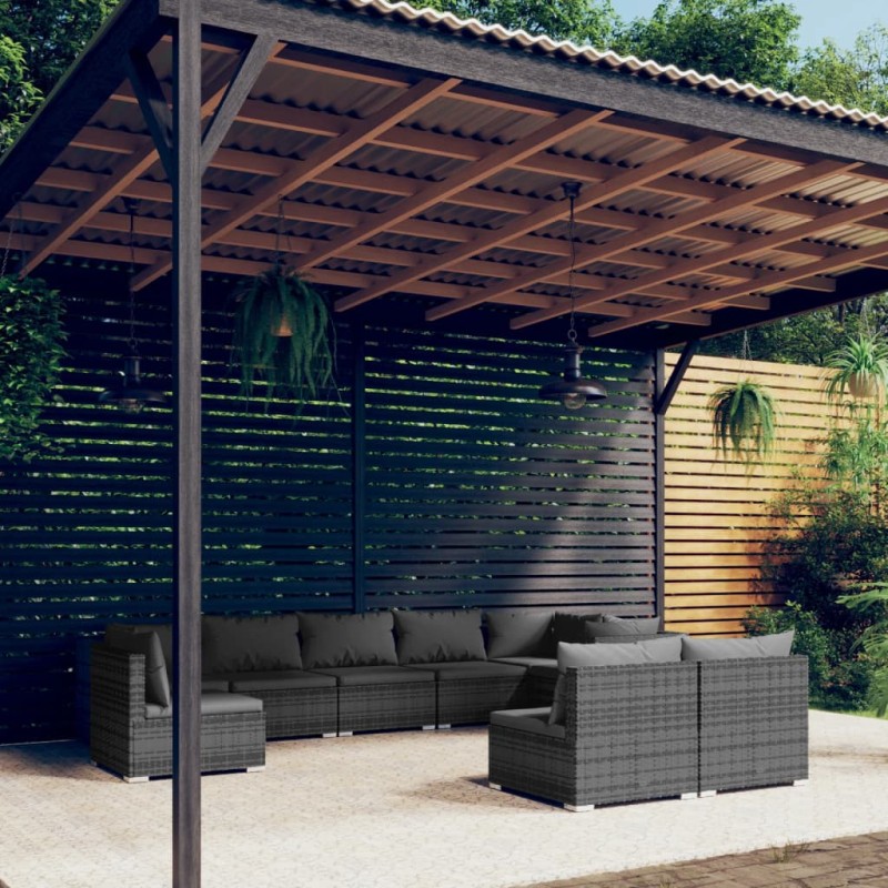 vidaXL 9-tlg. Garten-Lounge-Set mit Kissen Poly Rattan Grau vidaXL 9-tlg. Garten-Lounge-Set mit Kissen Poly Rattan Grau