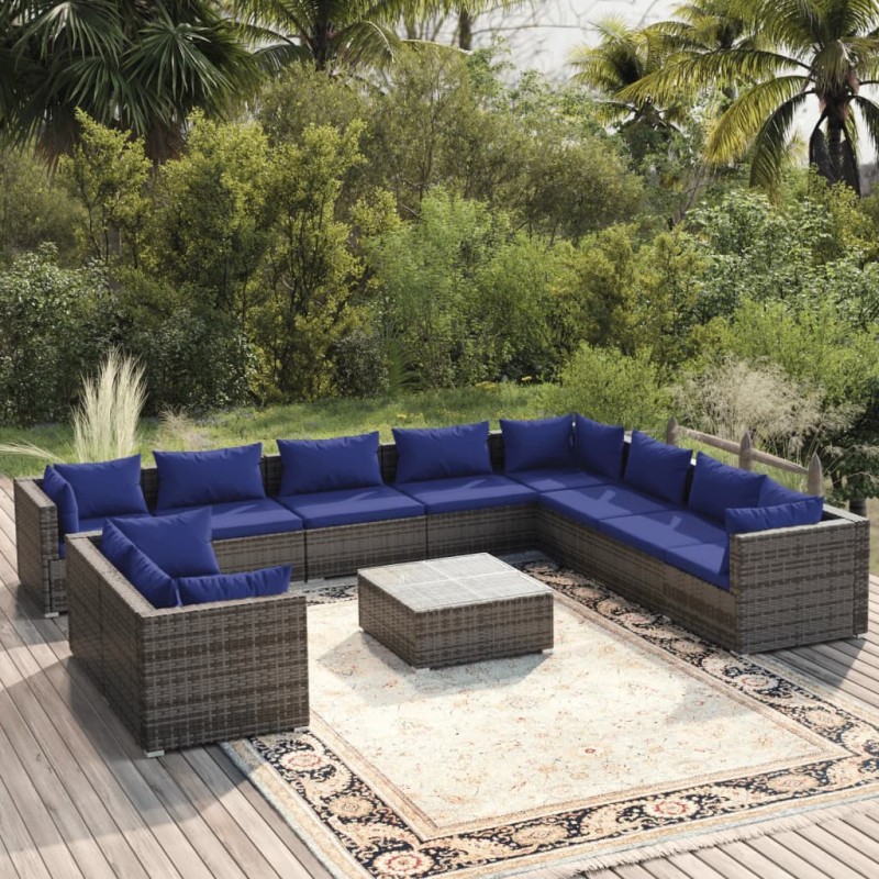 vidaXL 11-tlg. Garten-Lounge-Set mit Kissen Grau Poly Rattan vidaXL 11-tlg. Garten-Lounge-Set mit Kissen Grau Poly Rattan