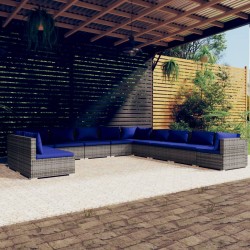 vidaXL 11-tlg. Garten-Lounge-Set mit Kissen Grau Poly Rattan