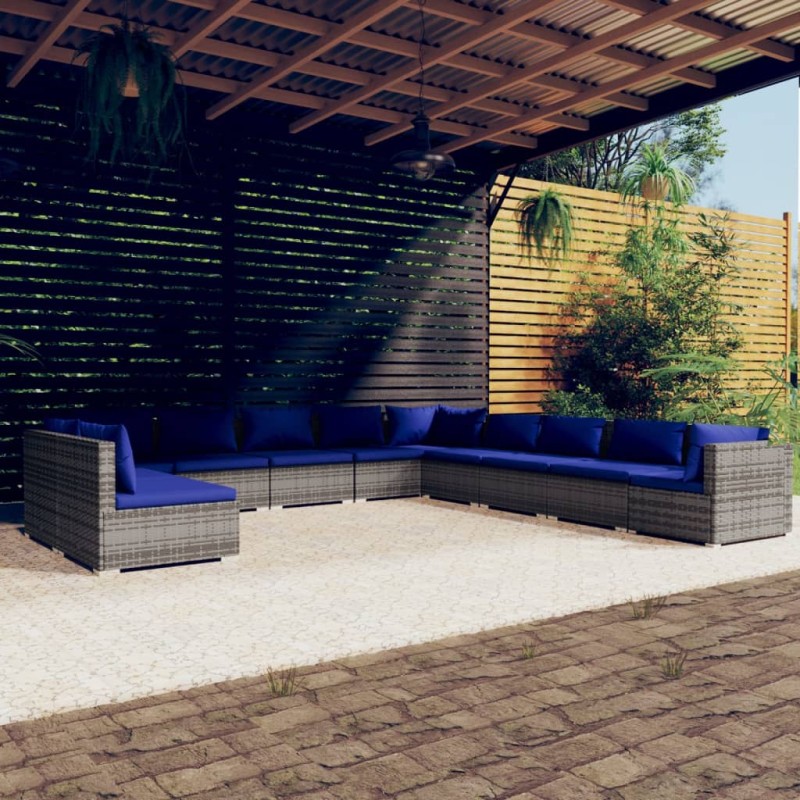 vidaXL 11-tlg. Garten-Lounge-Set mit Kissen Grau Poly Rattan vidaXL 11-tlg. Garten-Lounge-Set mit Kissen Grau Poly Rattan