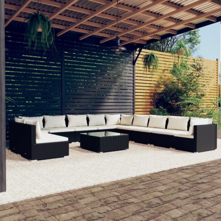 vidaXL 12-tlg. Garten-Lounge-Set mit Kissen Schwarz Poly Rattan