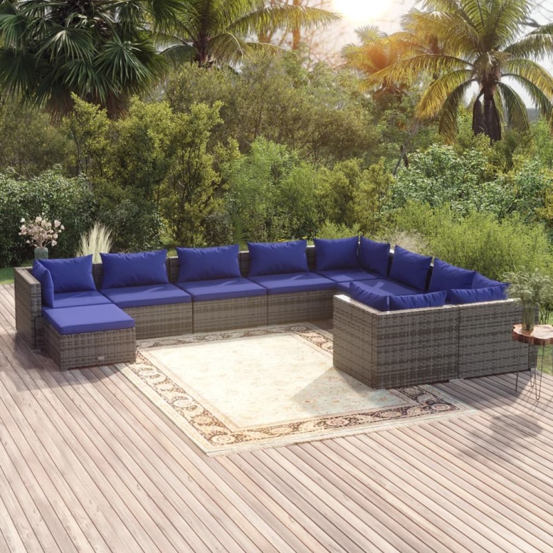 vidaXL 10-tlg. Garten-Lounge-Set mit Kissen Poly Rattan Grau vidaXL 10-tlg. Garten-Lounge-Set mit Kissen Poly Rattan Grau