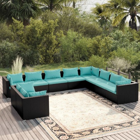 vidaXL 10-tlg. Garten-Lounge-Set mit Kissen Schwarz Poly Rattan