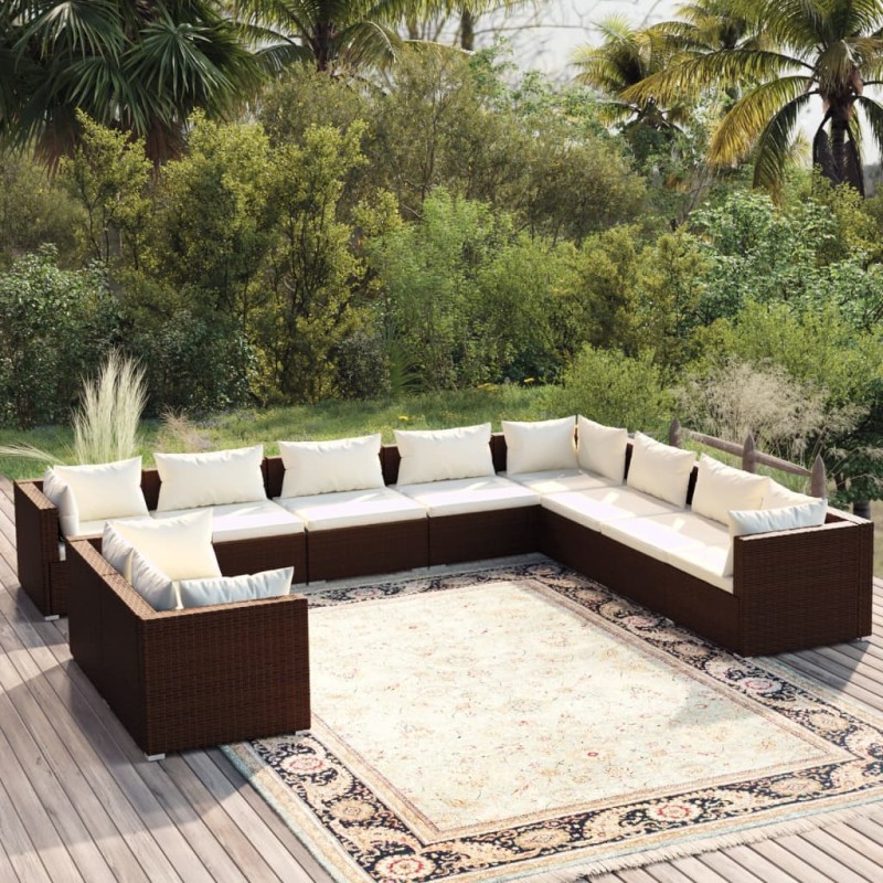 vidaXL 10-tlg. Garten-Lounge-Set mit Kissen Braun Poly Rattan vidaXL 10-tlg. Garten-Lounge-Set mit Kissen Braun Poly Rattan