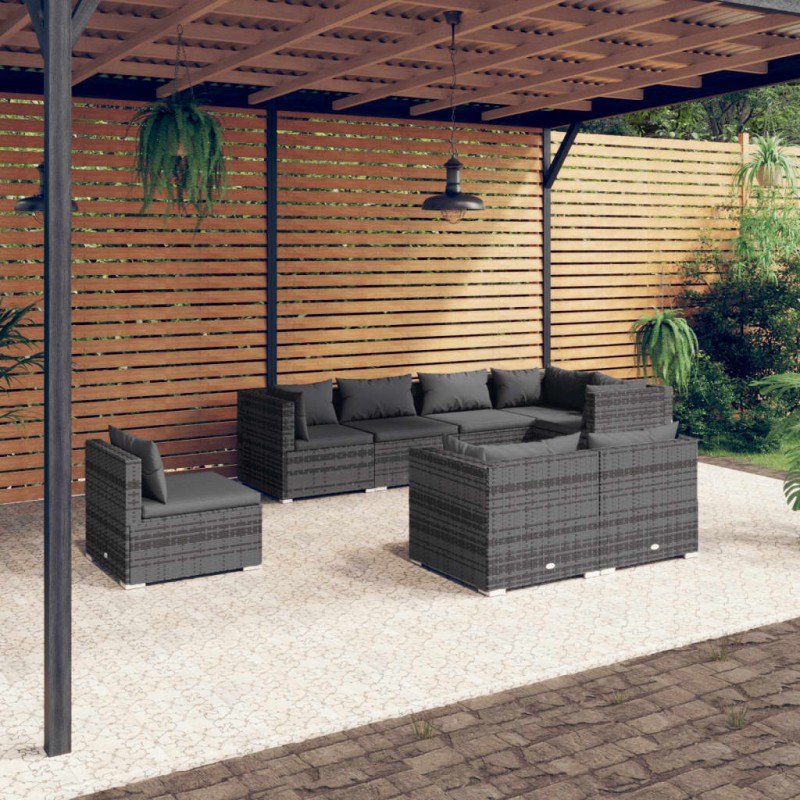 vidaXL 8-tlg. Garten-Lounge-Set mit Kissen Poly Rattan Grau vidaXL 8-tlg. Garten-Lounge-Set mit Kissen Poly Rattan Grau