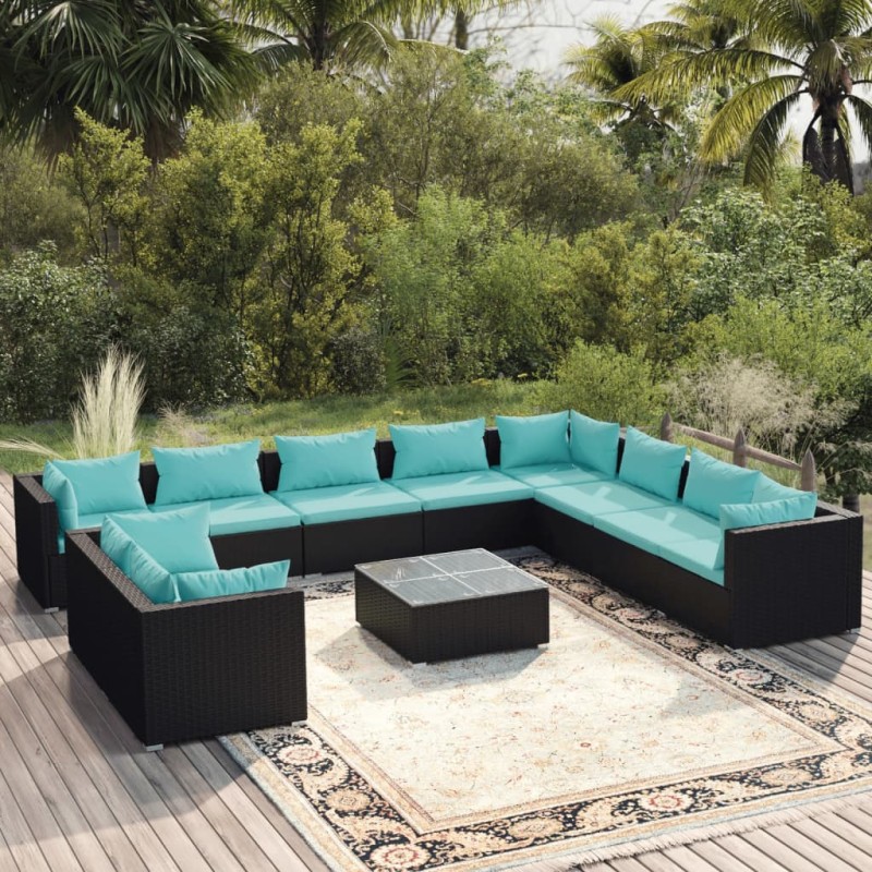 vidaXL 11-tlg. Garten-Lounge-Set mit Kissen Schwarz Poly Rattan vidaXL 11-tlg. Garten-Lounge-Set mit Kissen Schwarz Poly Rattan