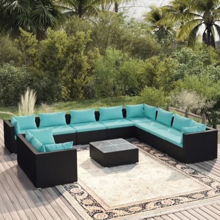 vidaXL 11-tlg. Garten-Lounge-Set mit Kissen Schwarz Poly Rattan