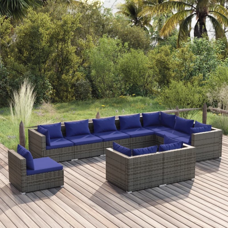 vidaXL 10-tlg. Garten-Lounge-Set mit Kissen Poly Rattan Grau vidaXL 10-tlg. Garten-Lounge-Set mit Kissen Poly Rattan Grau