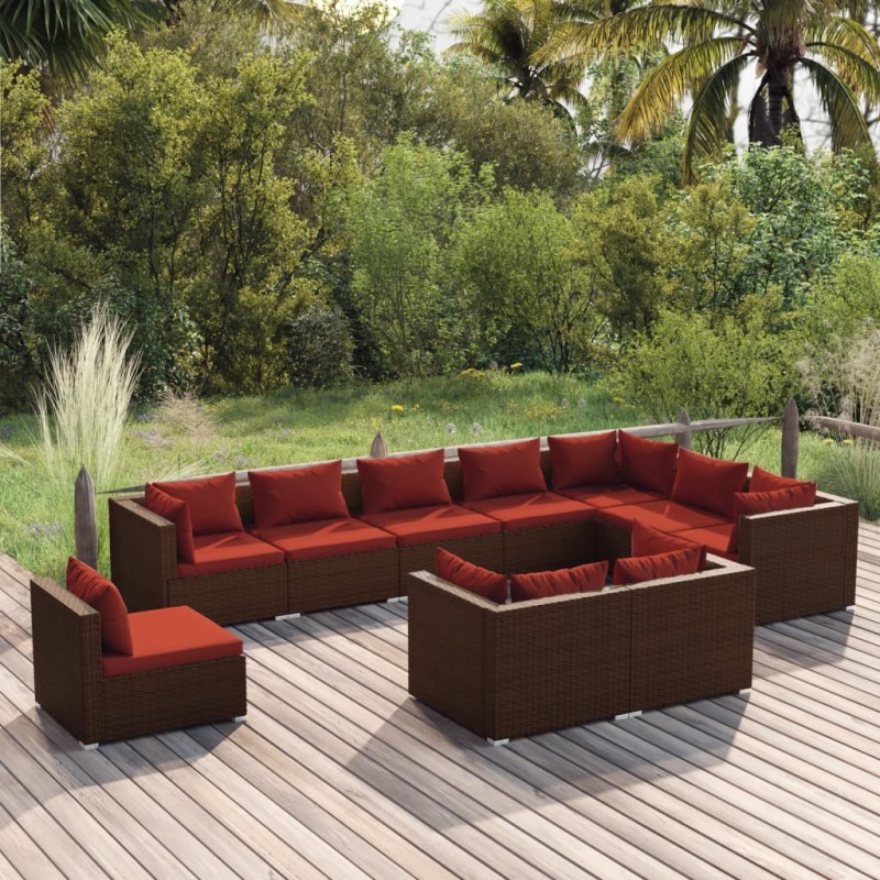 vidaXL 10-tlg. Garten-Lounge-Set mit Kissen Poly Rattan Braun vidaXL 10-tlg. Garten-Lounge-Set mit Kissen Poly Rattan Braun