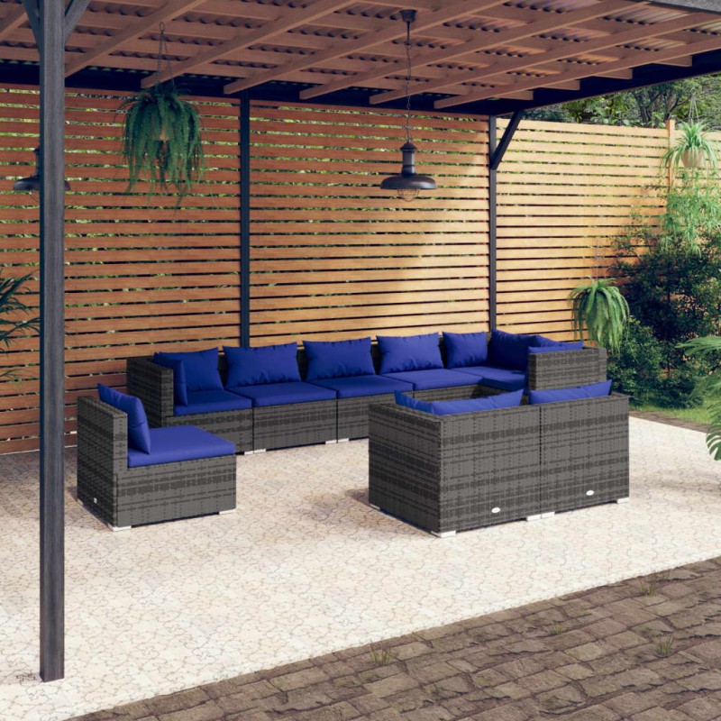 vidaXL 9-tlg. Garten-Lounge-Set mit Kissen Poly Rattan Grau vidaXL 9-tlg. Garten-Lounge-Set mit Kissen Poly Rattan Grau