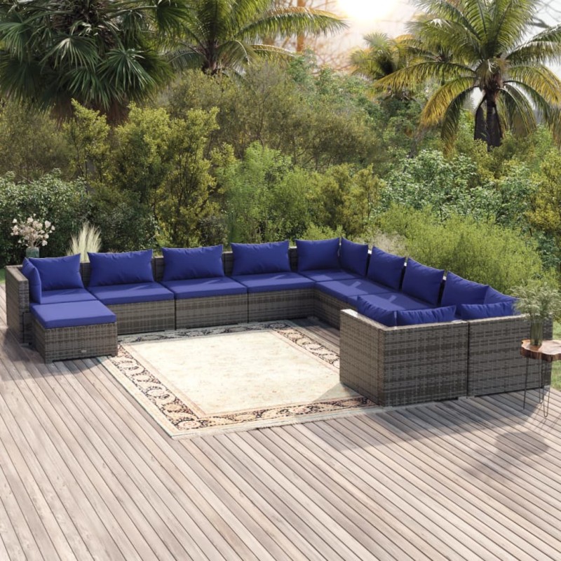 vidaXL 11-tlg. Garten-Lounge-Set mit Kissen Poly Rattan Grau vidaXL 11-tlg. Garten-Lounge-Set mit Kissen Poly Rattan Grau