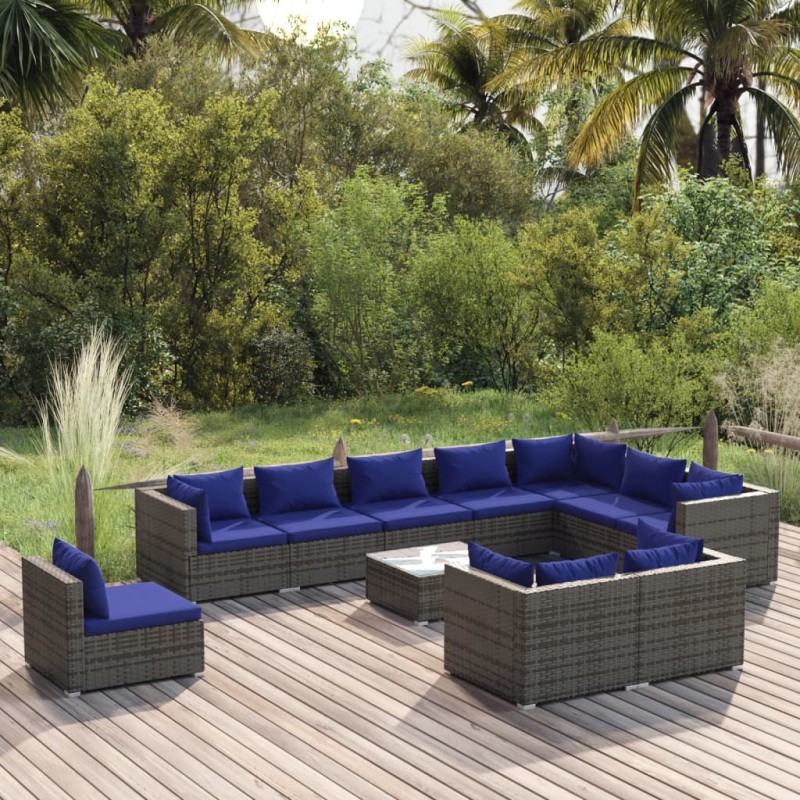 vidaXL 11-tlg. Garten-Lounge-Set mit Kissen Poly Rattan Grau vidaXL 11-tlg. Garten-Lounge-Set mit Kissen Poly Rattan Grau