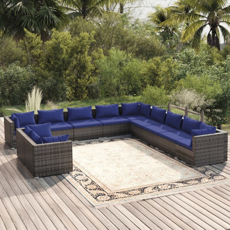 vidaXL 11-tlg. Garten-Lounge-Set mit Kissen Grau Poly Rattan vidaXL 11-tlg. Garten-Lounge-Set mit Kissen Grau Poly Rattan
